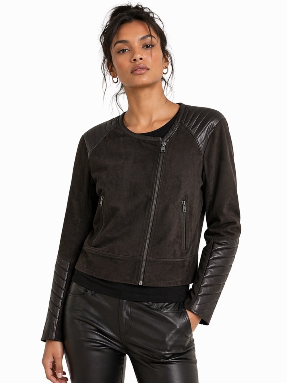 Rag & Bone Black LambskinSuede and Leather Jacket Trendy Asymmetrical Closure 4